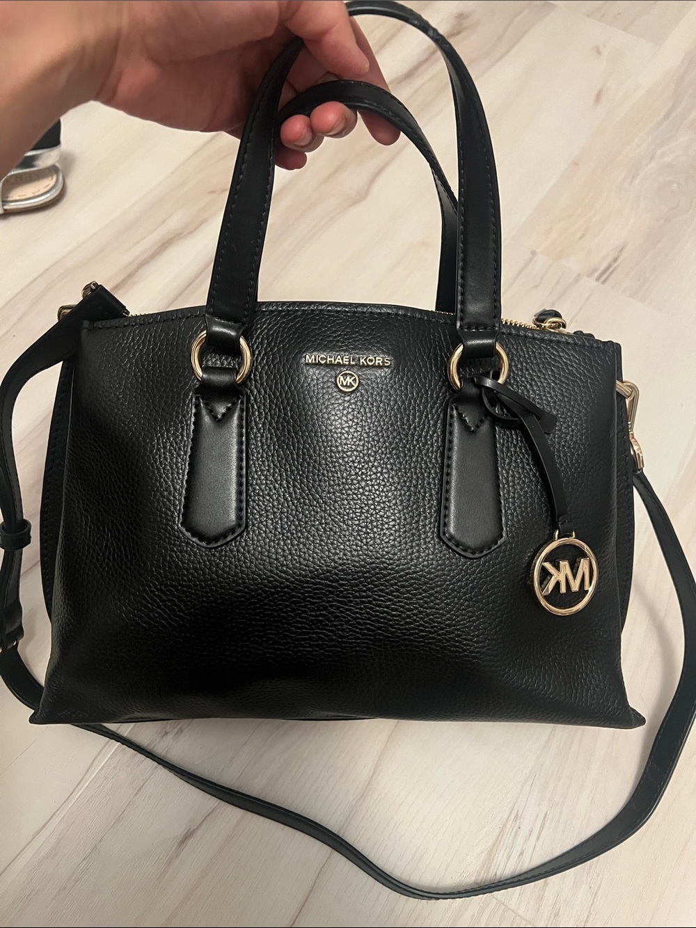 Michael Kors Black Pebbled Leather Satchel with Gold Hardware